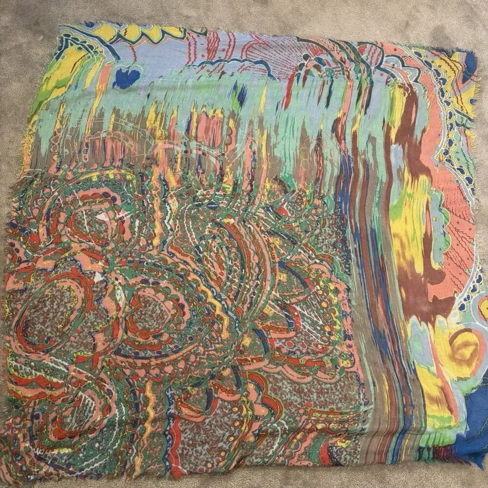 Vibrant Multi Color Paisley Abstract Scarf Large Square Lightweight Fringed